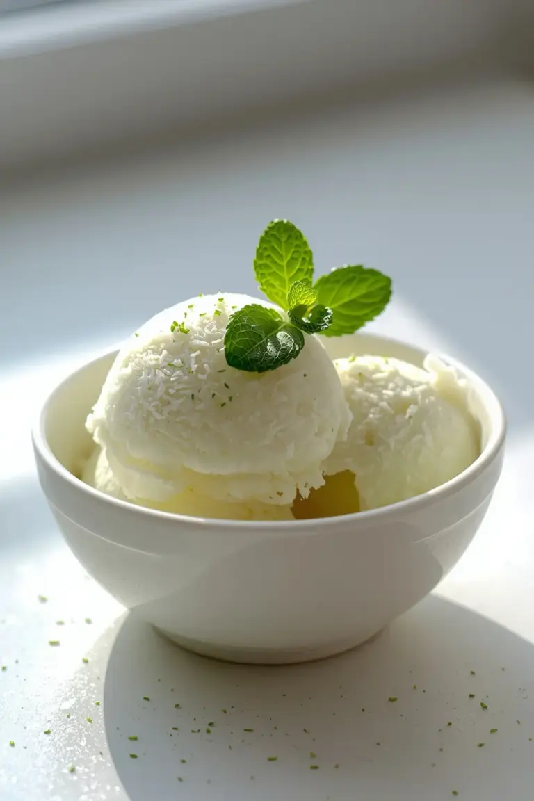 A bowl of lime mint sorbet with lime zest and fresh mint leaves
