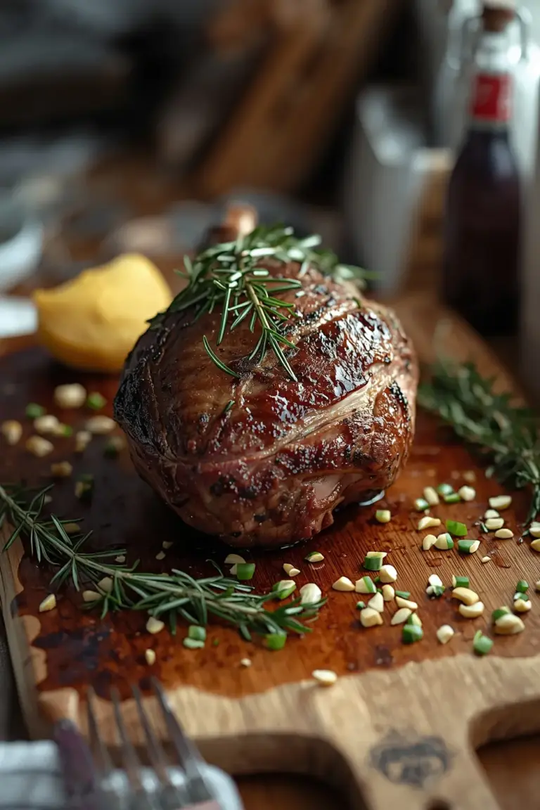 A photo of a roasted leg of lamb garnished with rosemary and garlic