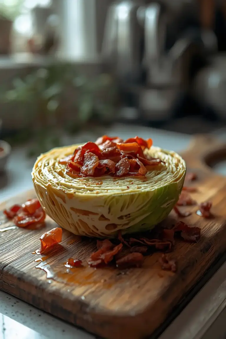 A photo of roasted cabbage with crispy bacon on top