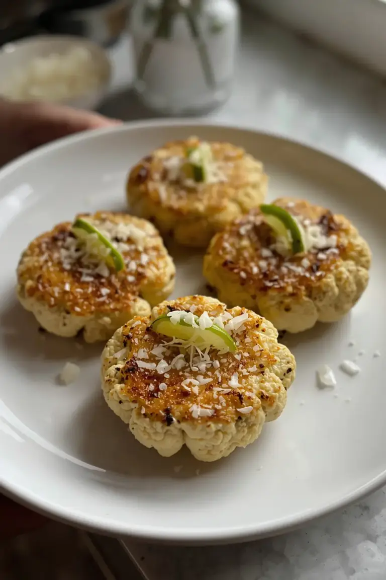 A photo of roasted cauliflower steaks with garlic, sea salt, and lime, garnished with parsley and Parmesan cheese