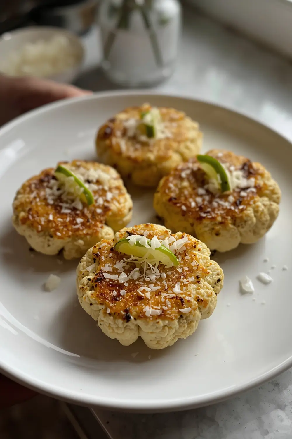 A photo of roasted cauliflower steaks with garlic, sea salt, and lime, garnished with parsley and Parmesan cheese