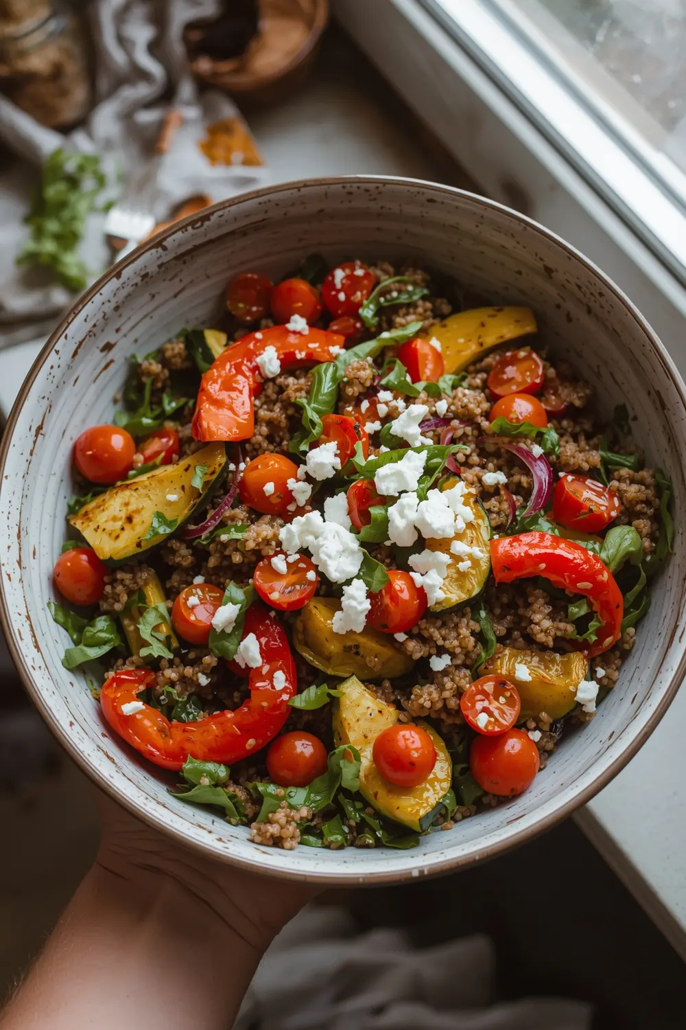 A colorful salad with roasted vegetables, quinoa, and feta cheese