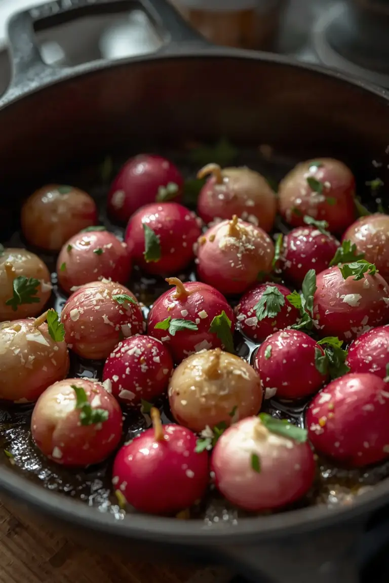 Close-up photo of sautéed radishes in a cast-iron skillet