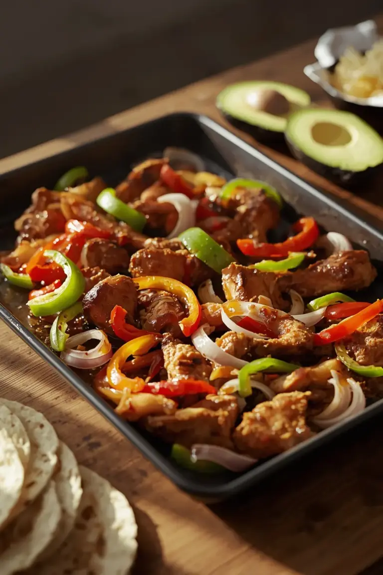 Chicken fajita strips, bell peppers, and onions on a sheet pan with tortillas and toppings