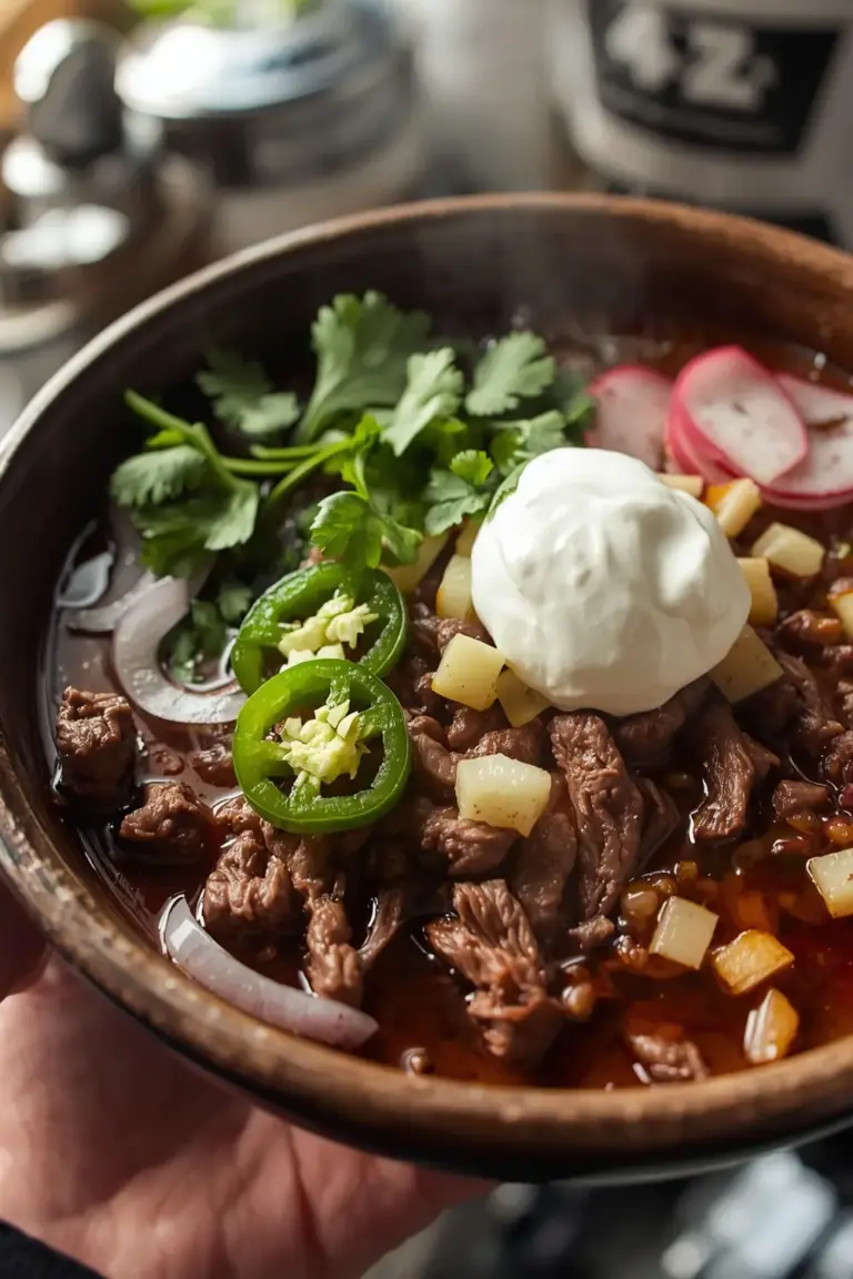 A delicious and spicy Barbacoa beef dish, topped with fresh cilantro, radishes, and sour cream