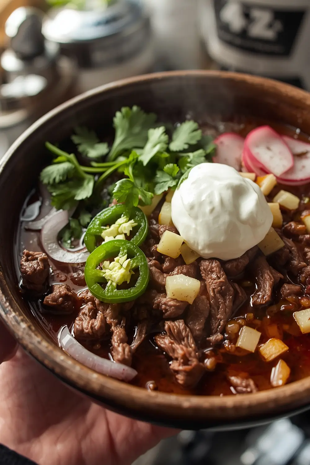 A delicious and spicy Barbacoa beef dish, topped with fresh cilantro, radishes, and sour cream