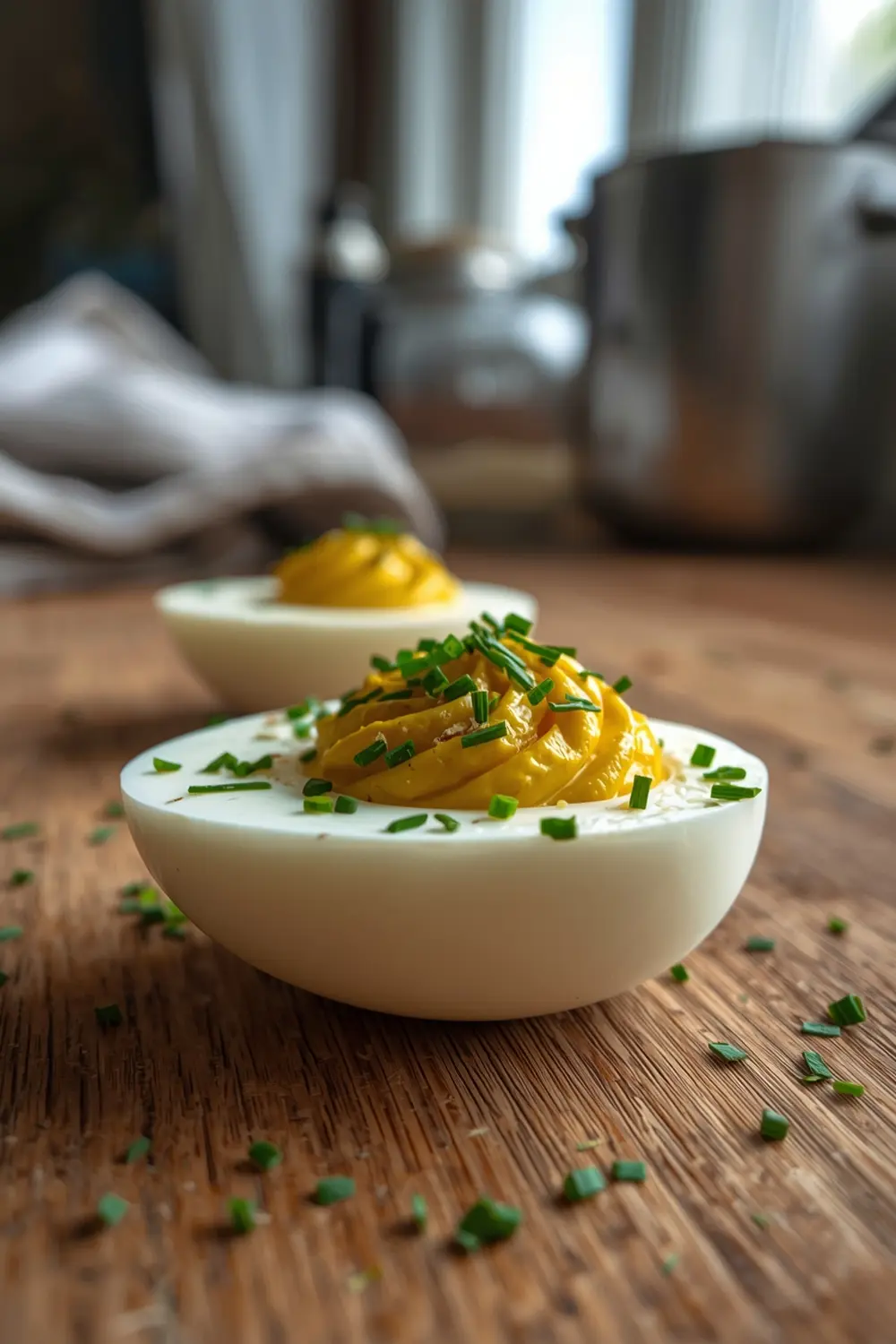 A deviled egg with a spicy kick, topped with fresh herbs