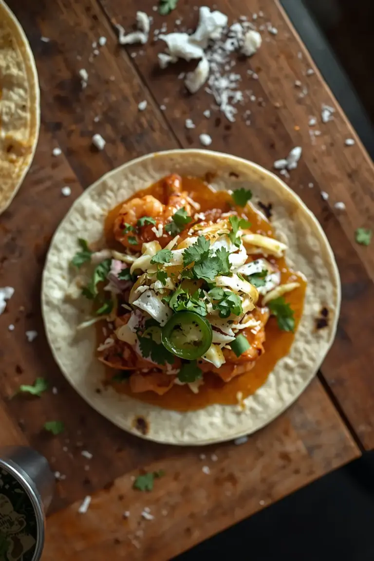A close-up photo of a spicy shrimp taco with honey lime slaw, cilantro, and jalapeño, on a wooden table