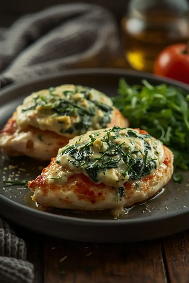 Close up photo of Spinach and Artichoke Stuffed Chicken