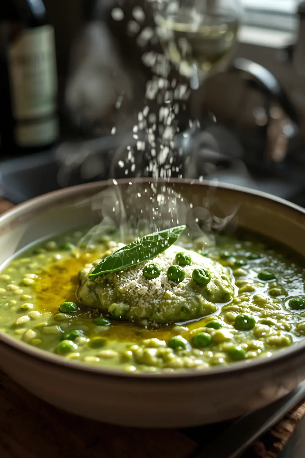 A shallow bowl of creamy Spring Pea Risotto garnished with Parmesan cheese, olive oil, and fresh spring peas