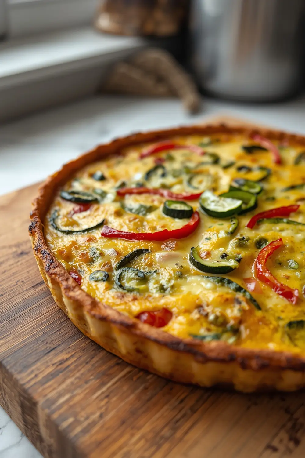 A photo of a delicious spring vegetable frittata with melted cheese and sautéed vegetables