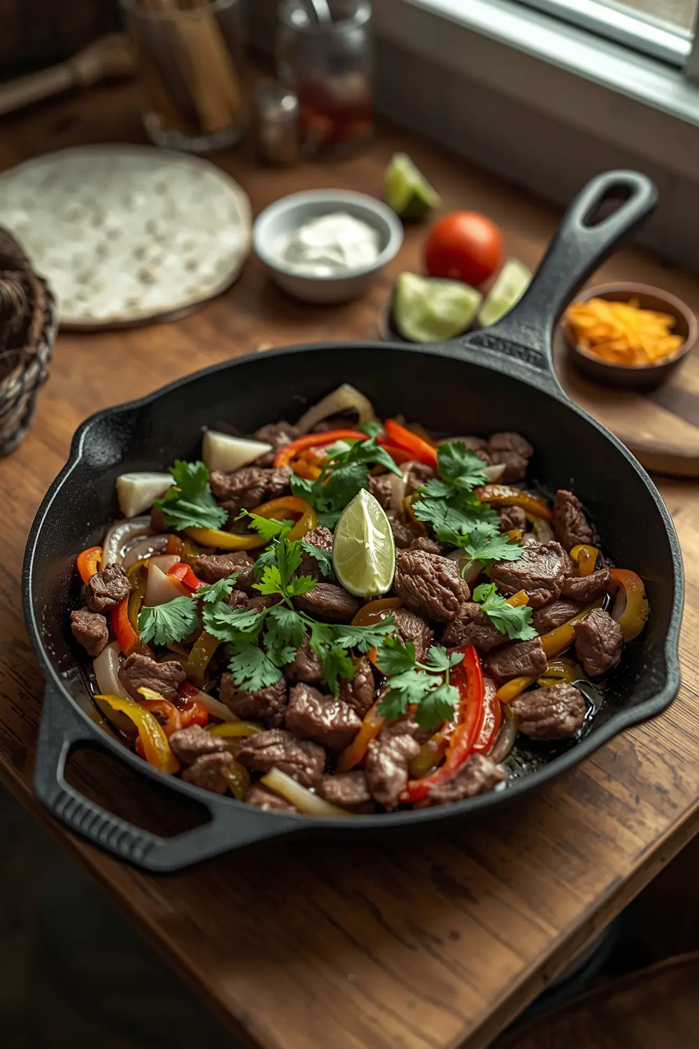 A photo of a cast iron skillet with steak fajita ingredients, including steak, bell peppers, onions, and cilantro, with flour tortillas and toppings in the background