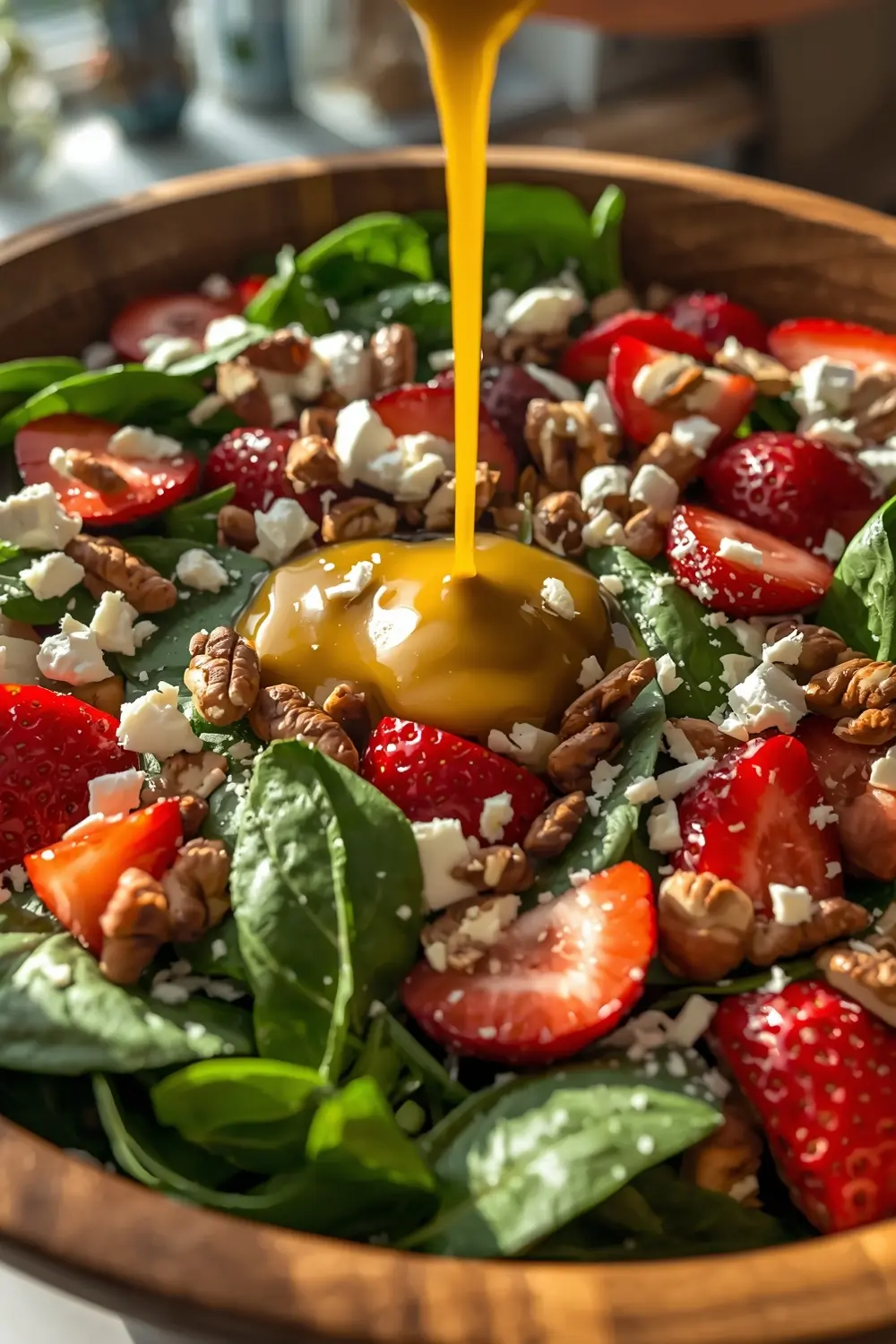 A fresh salad with strawberries, spinach, feta cheese, and pecans in a wooden bowl