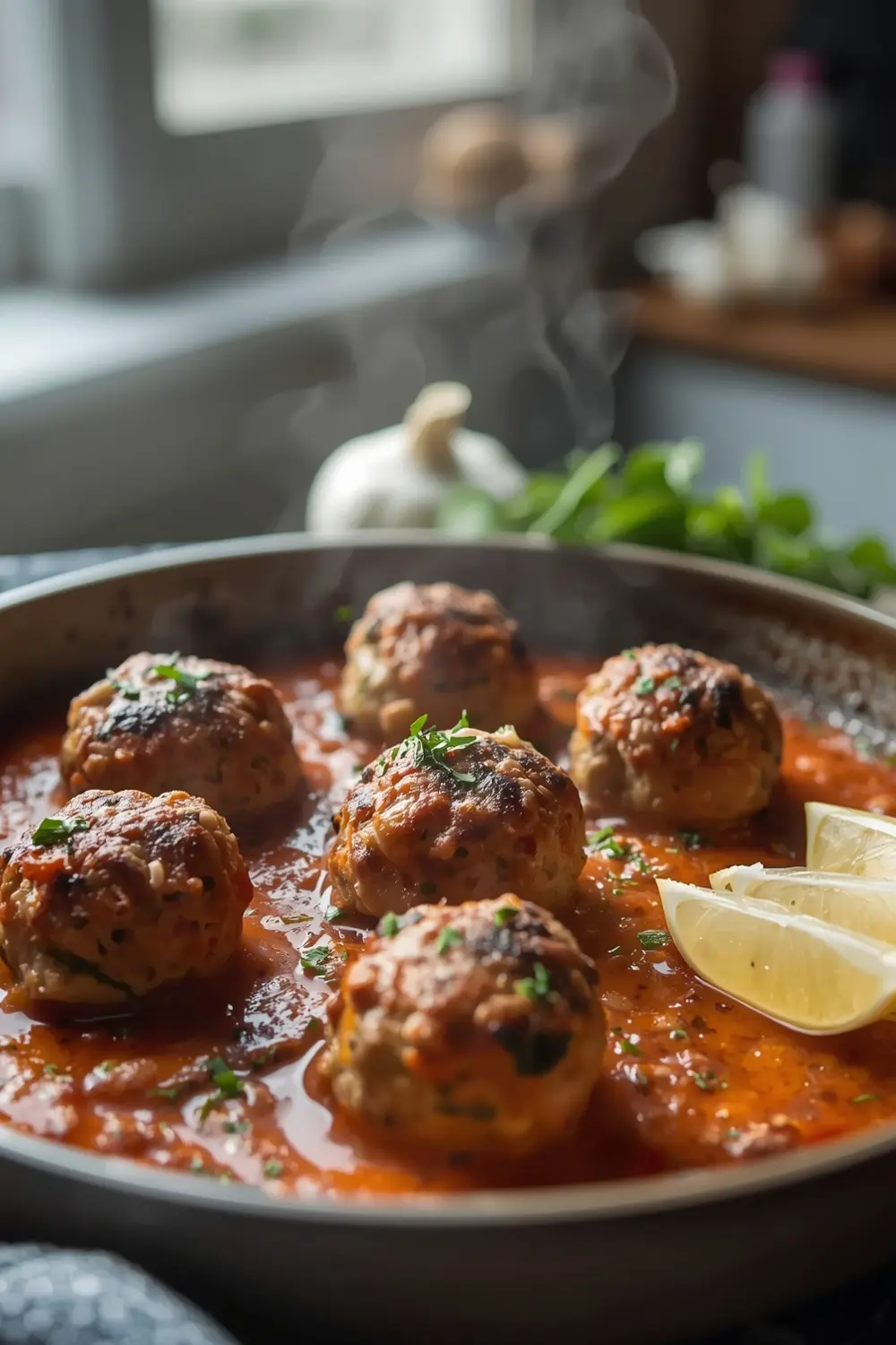 A plate of meatballs made with turkey, zucchini, and feta cheese, garnished with parsley and garlic