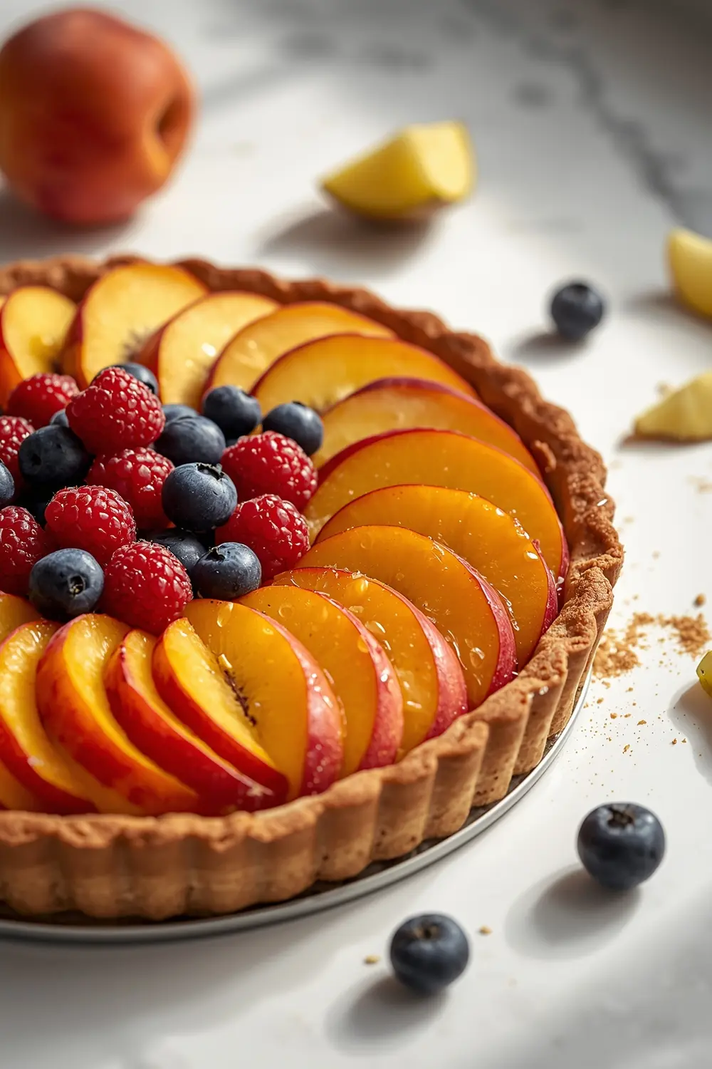 A close-up photo of a fruit tart with mixed berries, peaches, and kiwi, on a white background