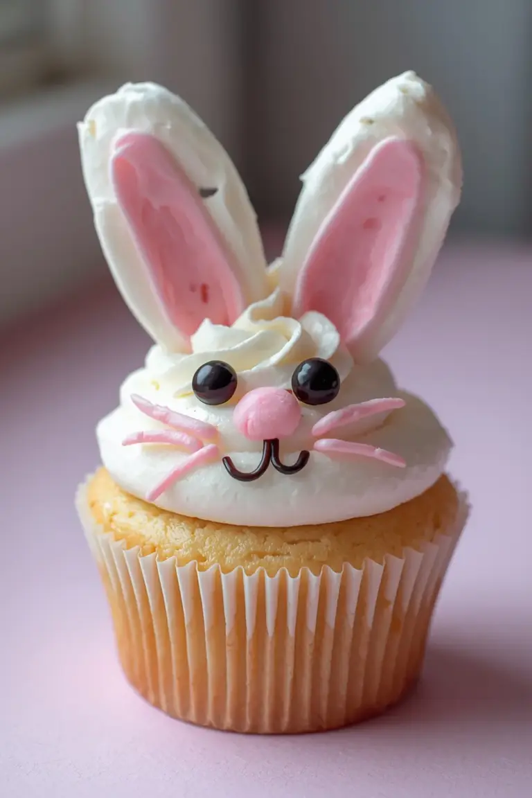 A close-up photo of a bunny-themed cupcake with marshmallow ears and colorful candy melt details