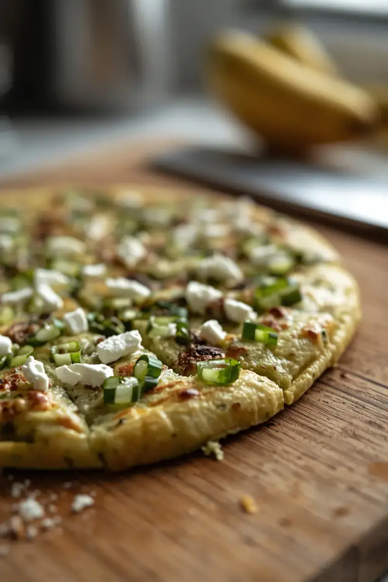 A photo of a slice of asparagus frittata with feta cheese and green onions on a wooden cutting board