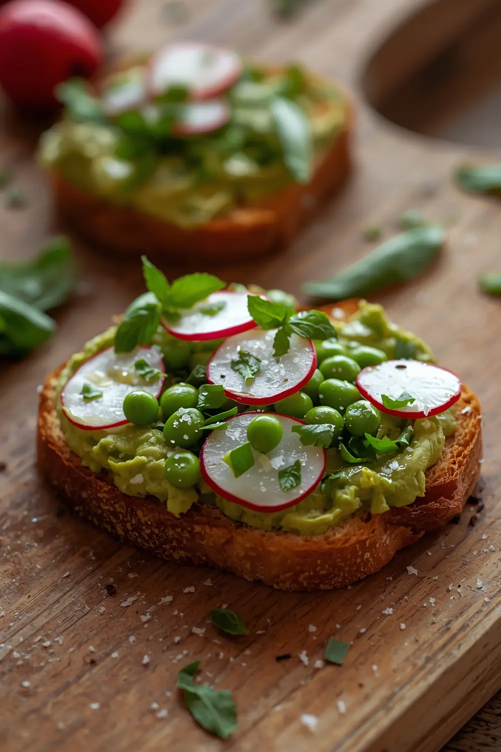 A close-up photo of avocado toast with radishes, baby peas, and fresh herbs on a wooden table