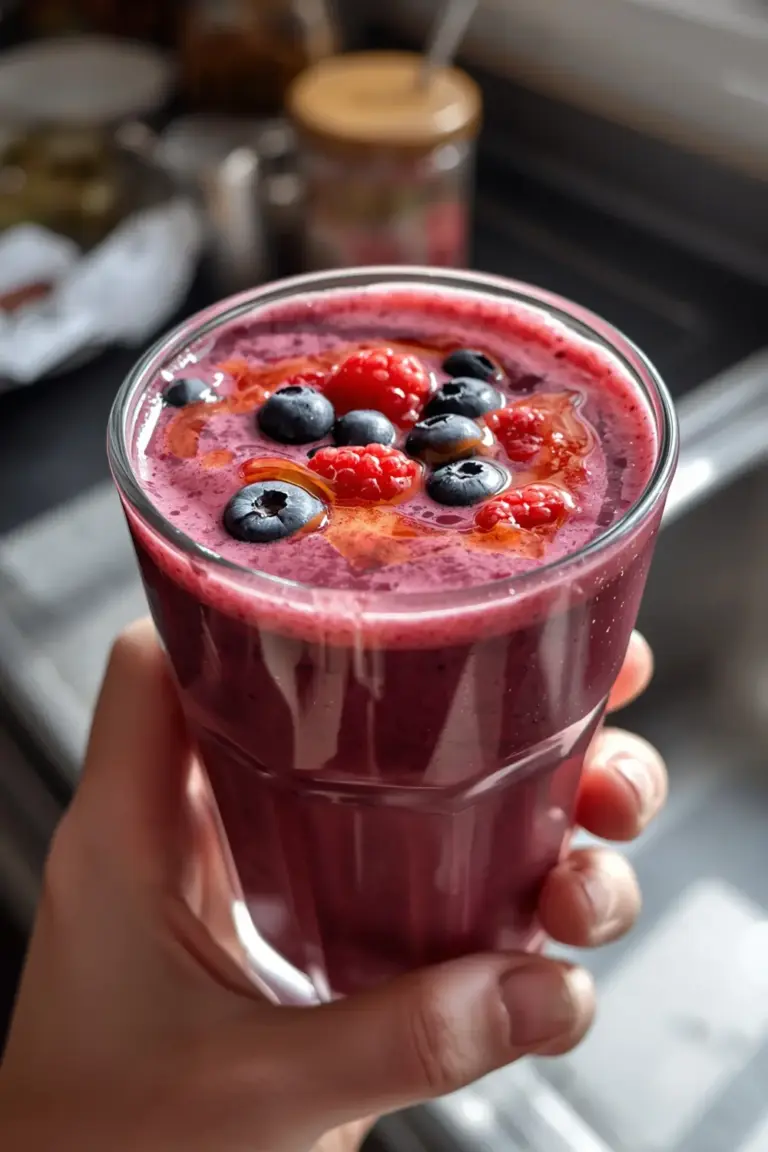 A photo of a mixed berry smoothie in a glass with a drizzle of honey