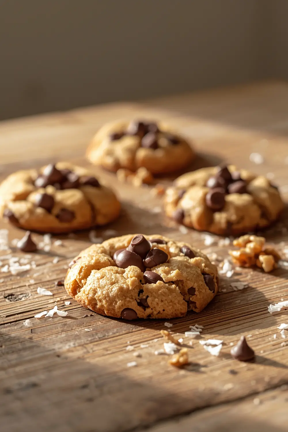 Close-up of Bird's Nest Cookies with shredded coconut, chocolate chips, and chopped walnuts on a wooden table