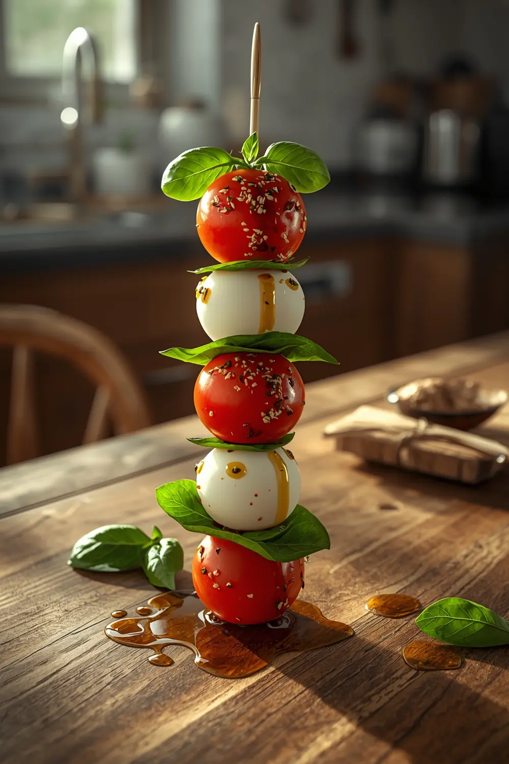 A photo of a Caprese kebab with cherry tomatoes, mozzarella cheese, and basil leaves on a bamboo skewer