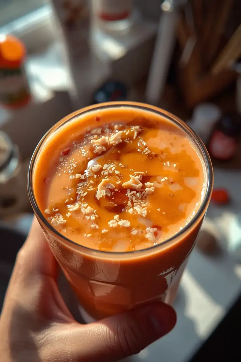 A photo of a Carrot and Orange Sunrise Smoothie in a glass