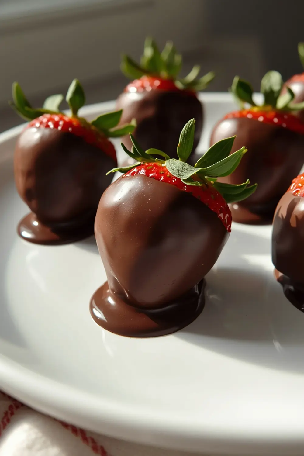 A photo of chocolate dipped strawberries on a white plate