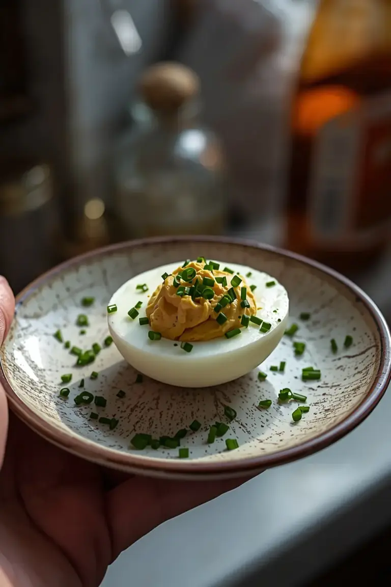 A photo of a deviled egg cut in half, showing the filling and garnish