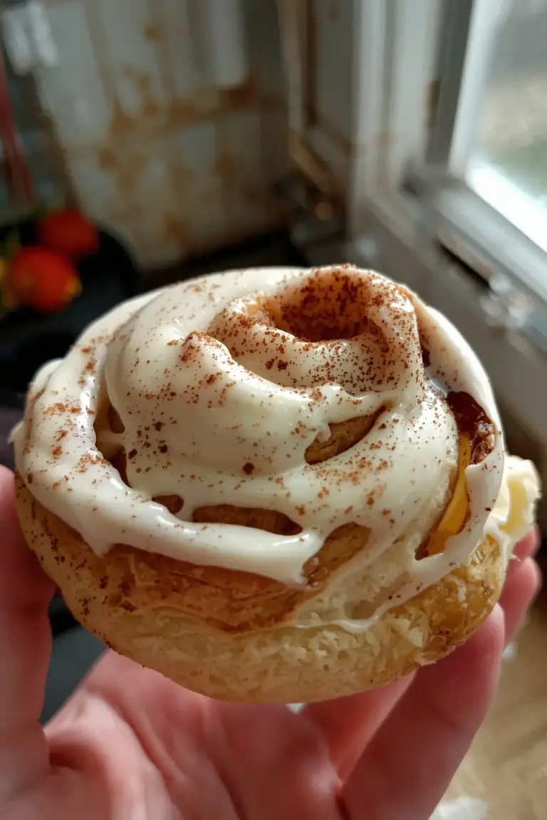 A close-up of a cream cheese cinnamon roll with frosting and cinnamon