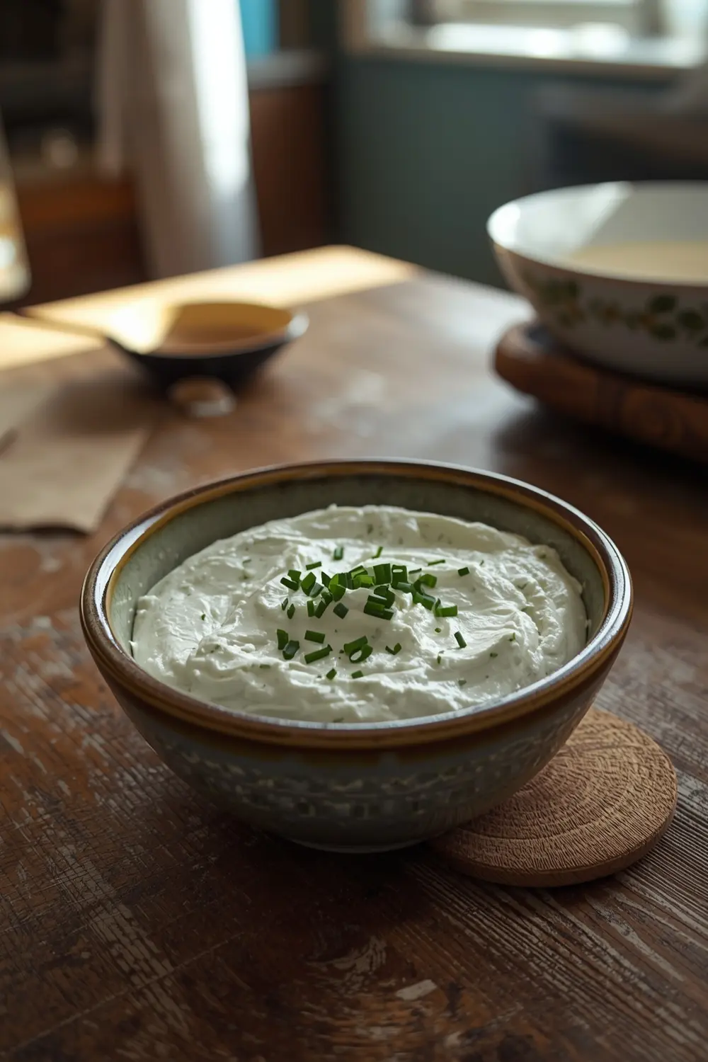 A photo of a whipped feta dip garnished with fresh dill and chives