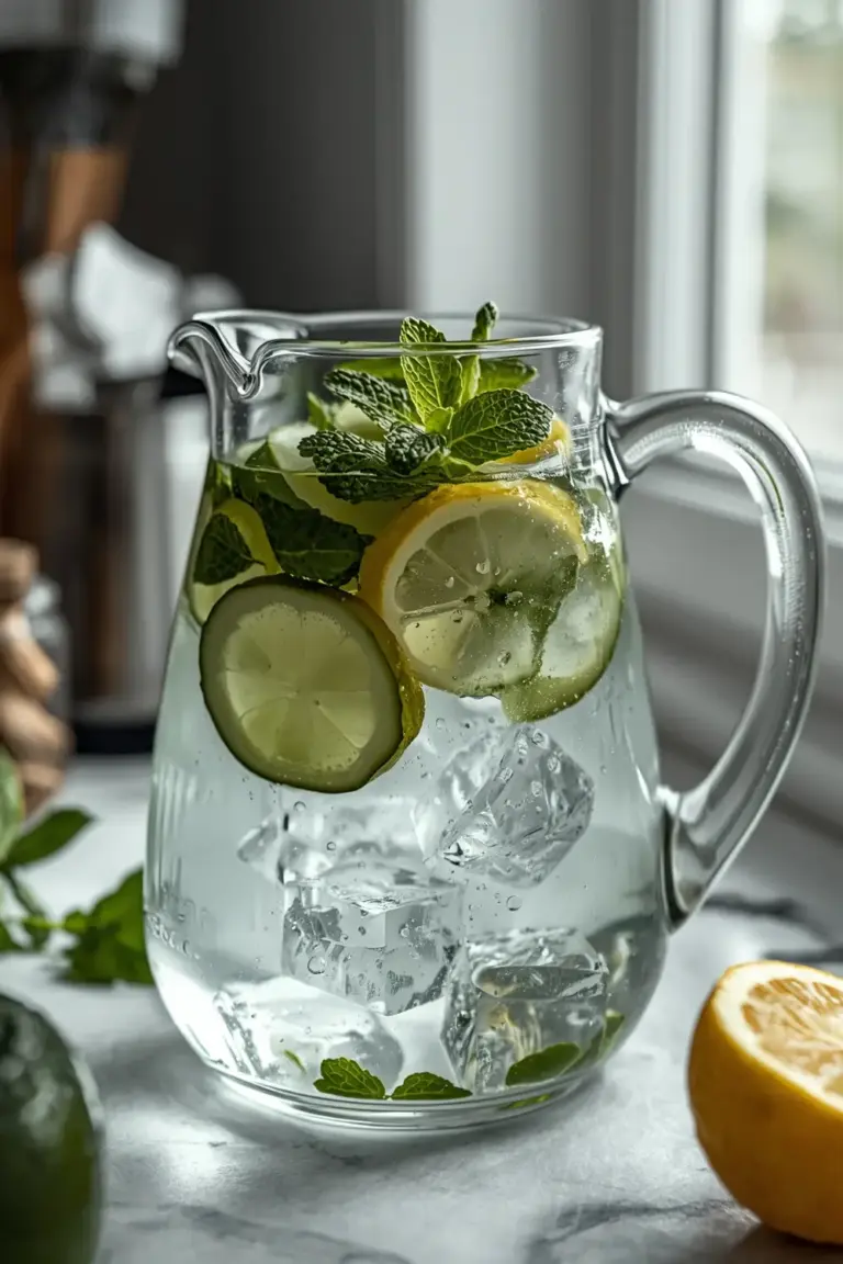 A pitcher of refreshing spa water with cucumber, lemon, and mint