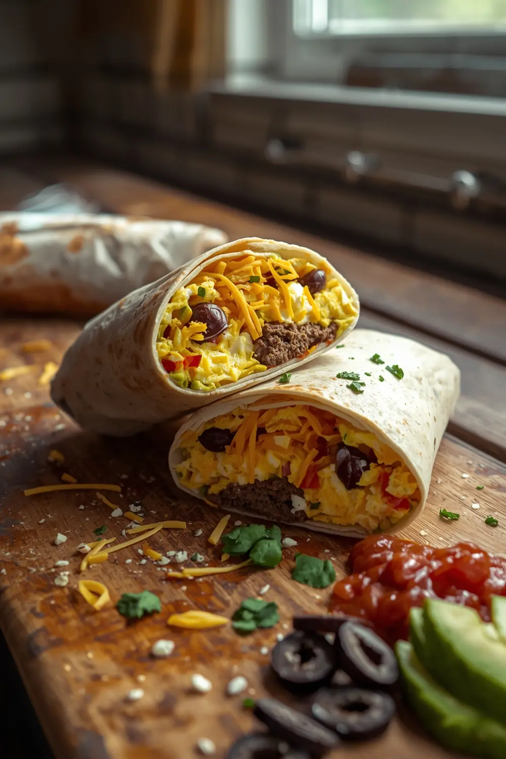 A close-up of a wrapped and cut breakfast burrito with eggs, sausage, cheese, and salsa, on a wooden table