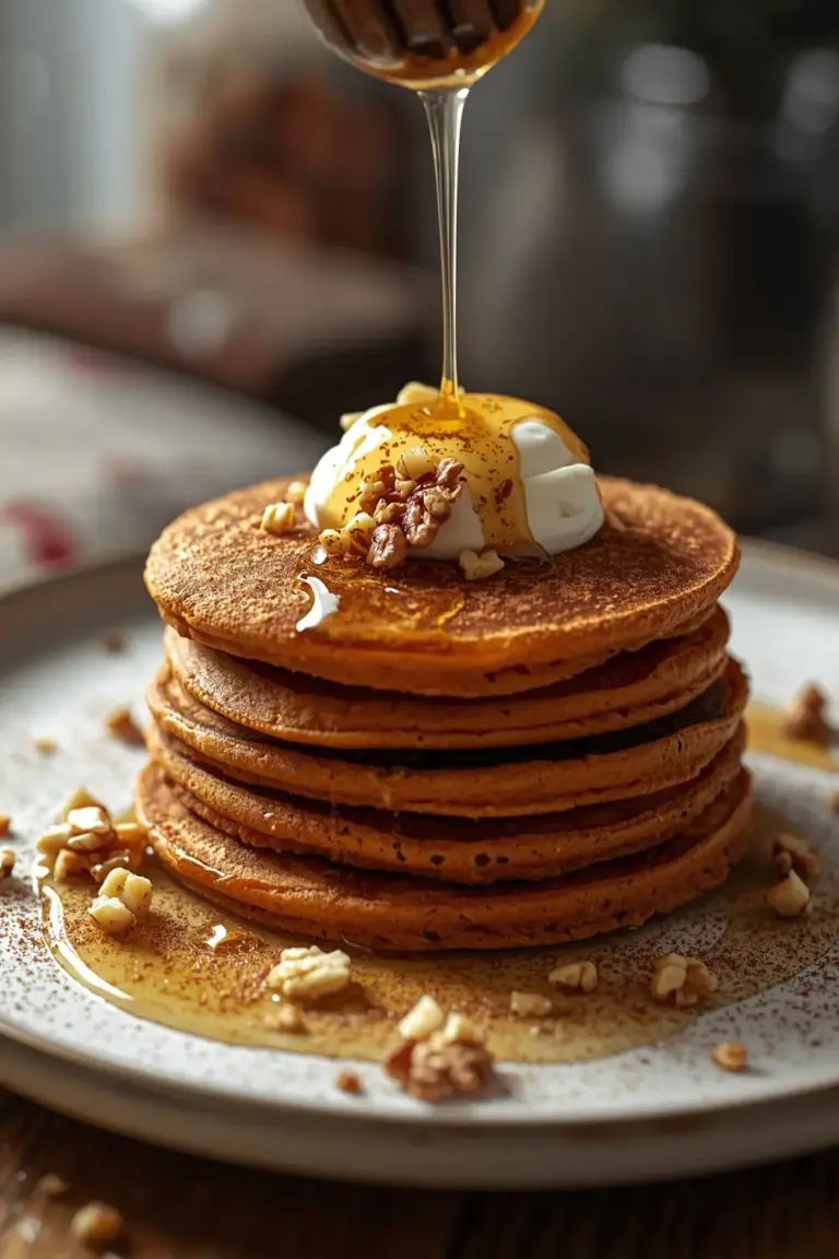 A photo of a stack of carrot pancakes topped with yogurt, honey, and walnuts
