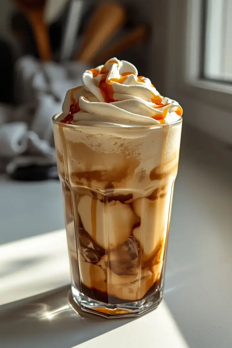 A photo of a glass of iced caramel macchiato with whipped cream and caramel drizzle