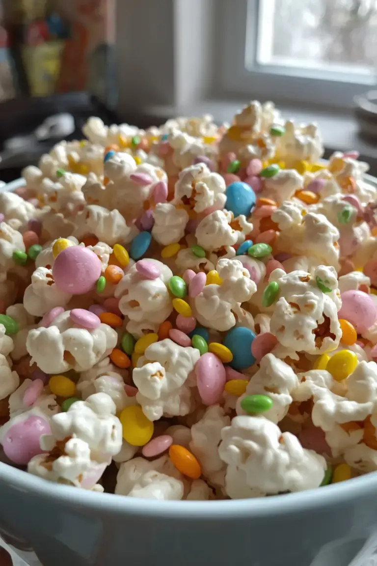 A bowl of popcorn with pastel-colored M&M's, sprinkles, and white chocolate
