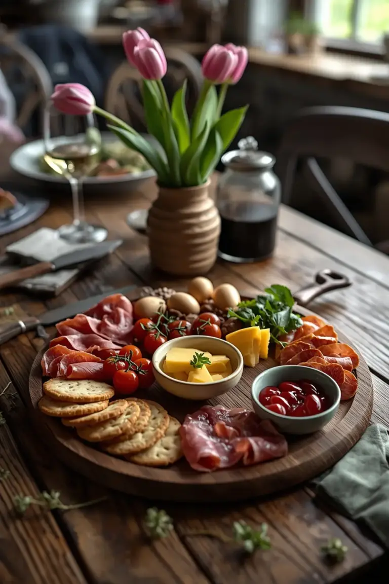 A festive Easter charcuterie board with assorted meats, cheeses, and garnishes