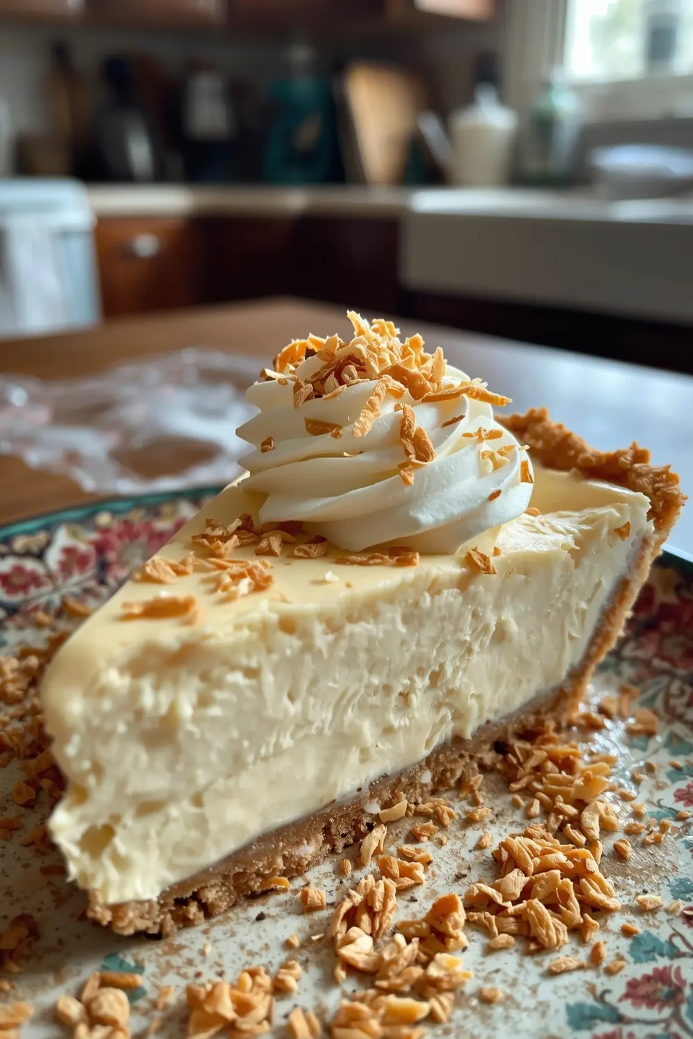 A photo of a slice of coconut cream pie with whipped cream and toasted coconut flakes