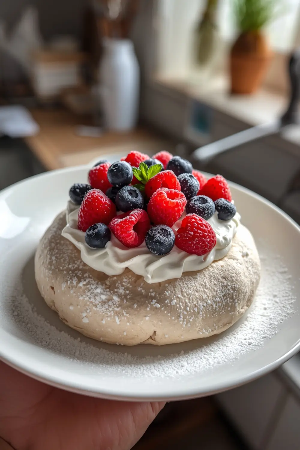 A close-up photo of a pavlova topped with whipped cream, fresh berries, and confectioners' sugar