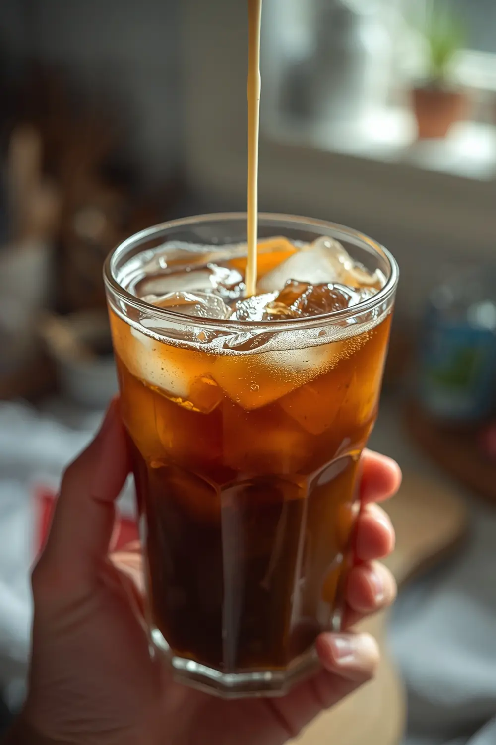 A glass of cold brew coffee with milk and ice