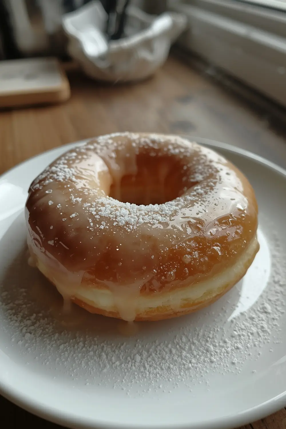A close-up photo of a homemade glazed donut, covered in glaze and dusted with confectioners' sugar