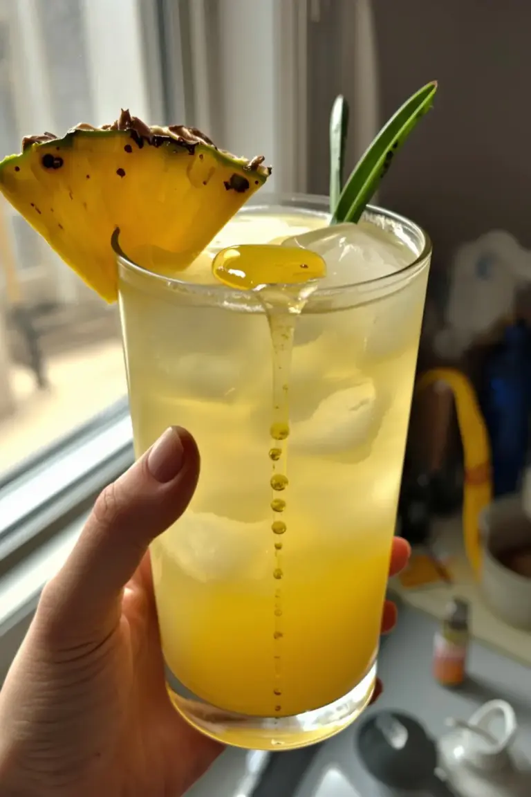 A glass of pineapple ginger juice with ice cubes and a pineapple slice