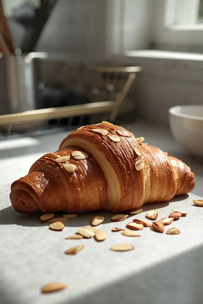A close-up photo of a golden, flaky almond croissant on a kitchen counter