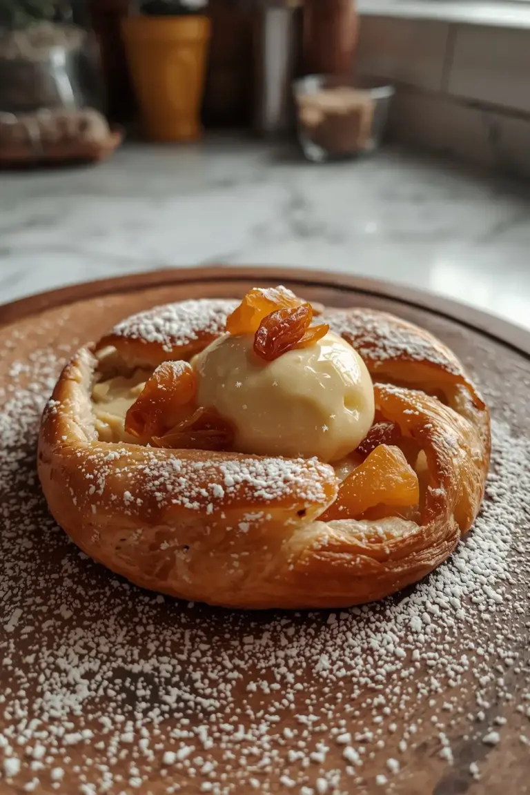A close-up photo of a freshly baked Danish pastry filled with apricot custard and topped with dried apricots and confectioners' sugar