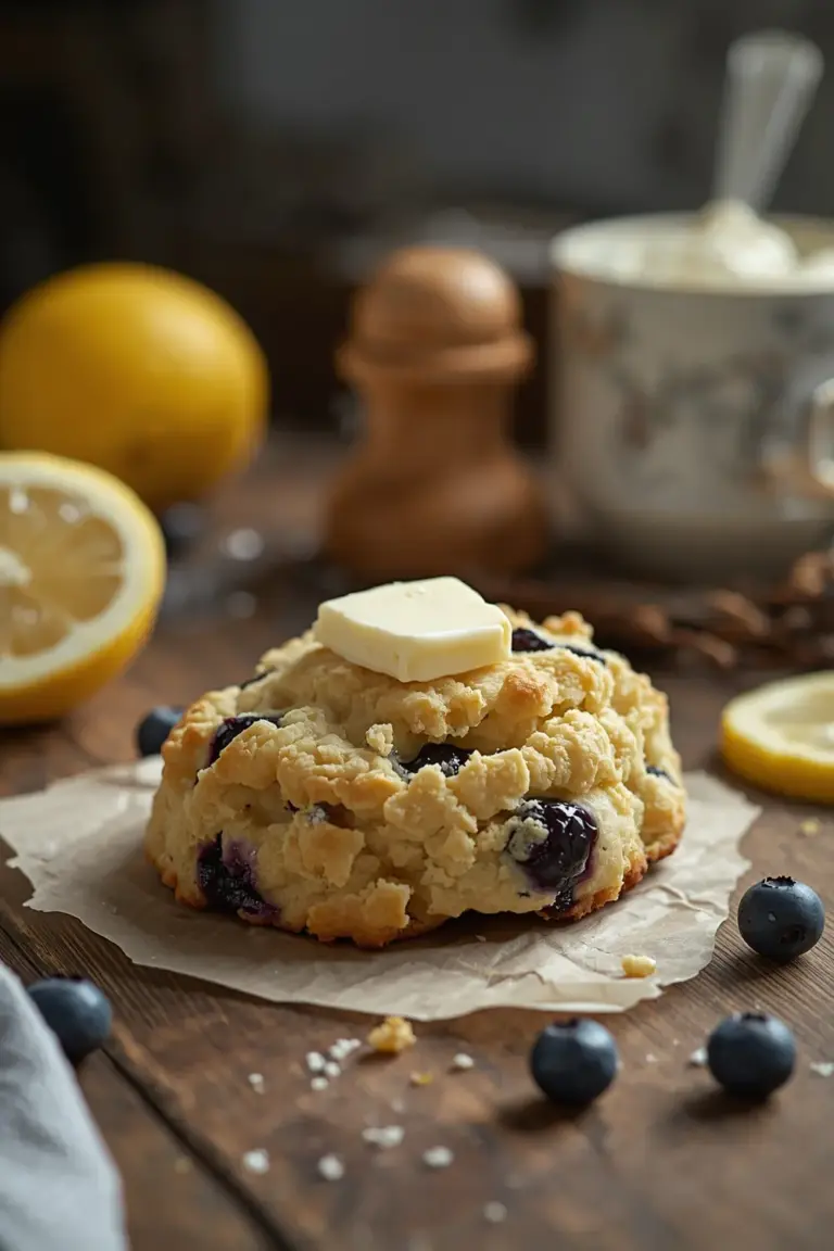 A close-up of a golden-brown Lemon Blueberry Scone with fresh blueberries and a pat of butter