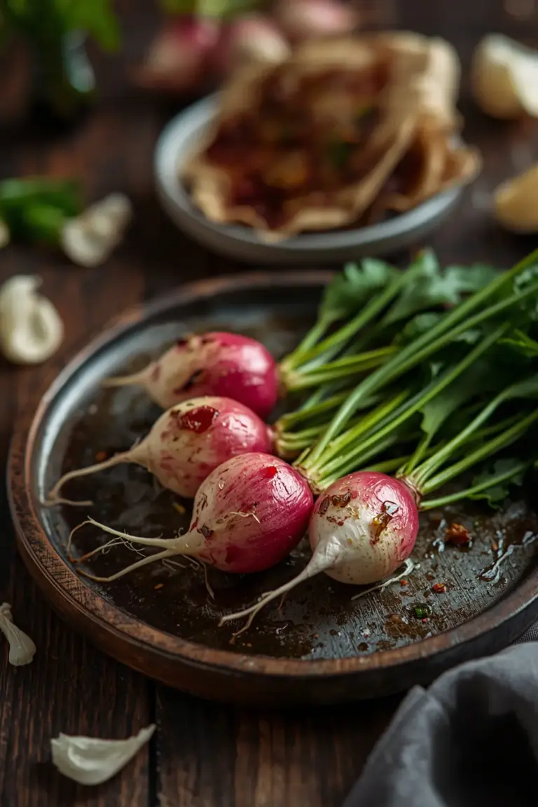 Close up photo of Garlic Roasted Radishes