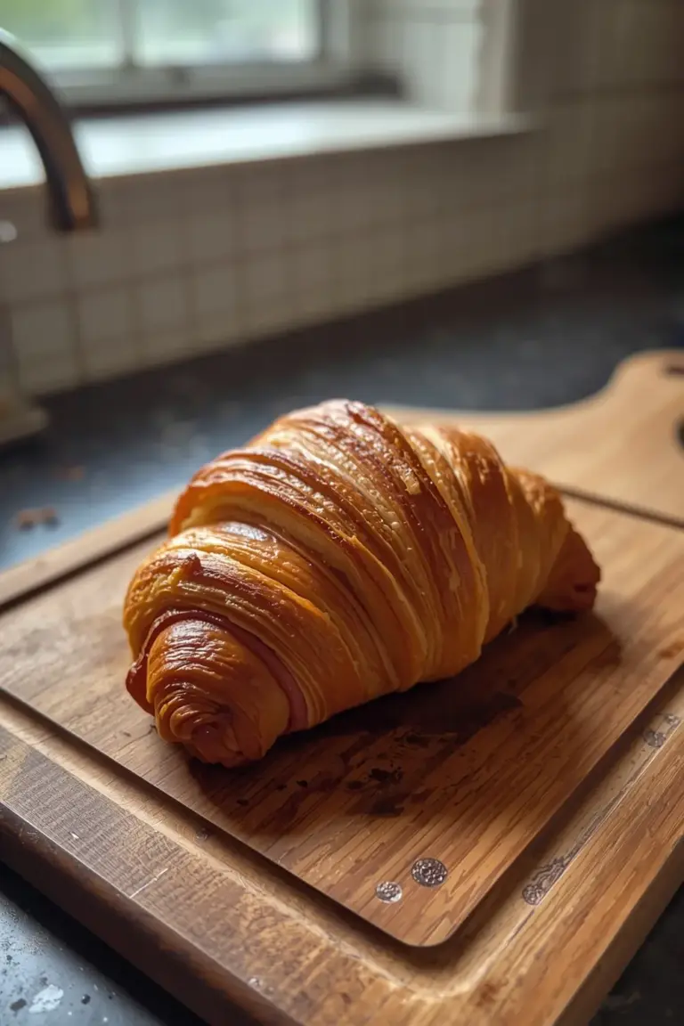 A photo of a baked ham and cheese croissant dish, with a golden crust and melted cheese on top