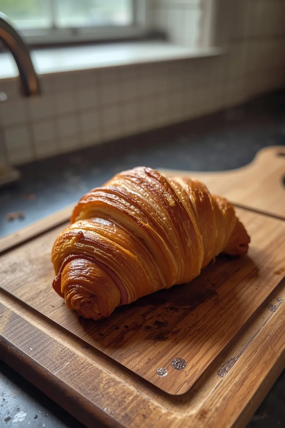 A photo of a baked ham and cheese croissant dish, with a golden crust and melted cheese on top