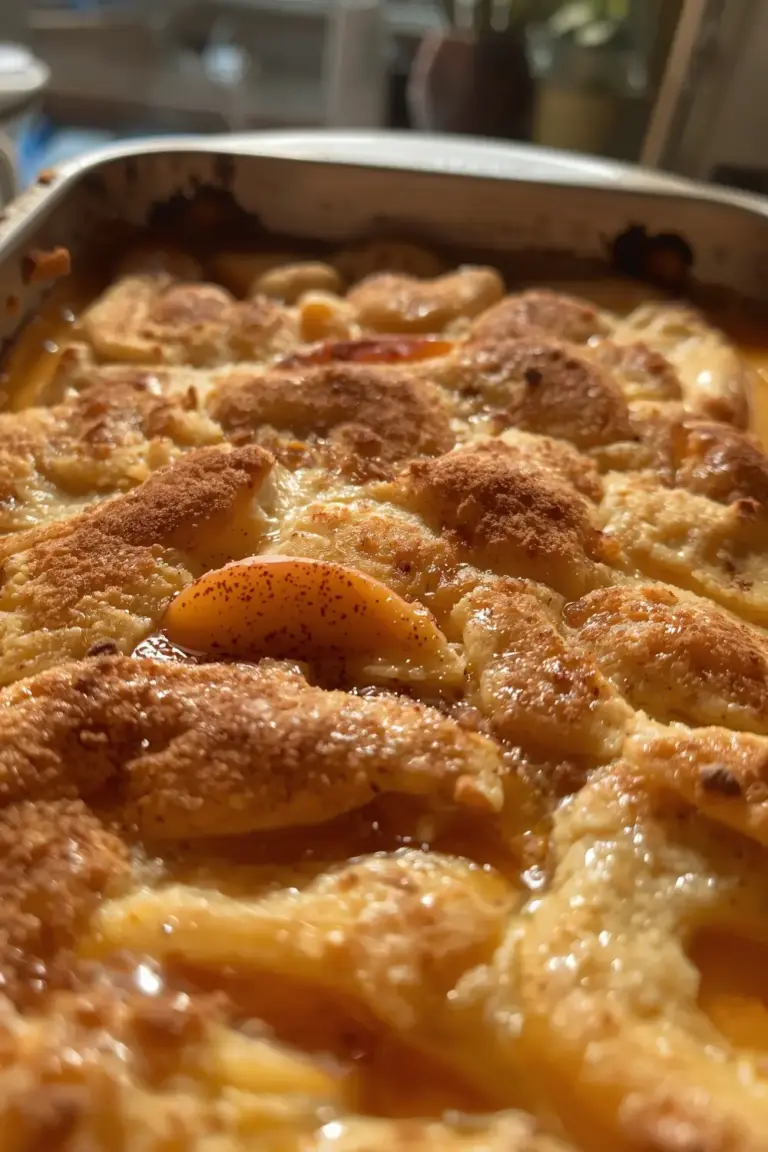 A close-up photo of a peach cobbler with a golden crust and sliced peaches