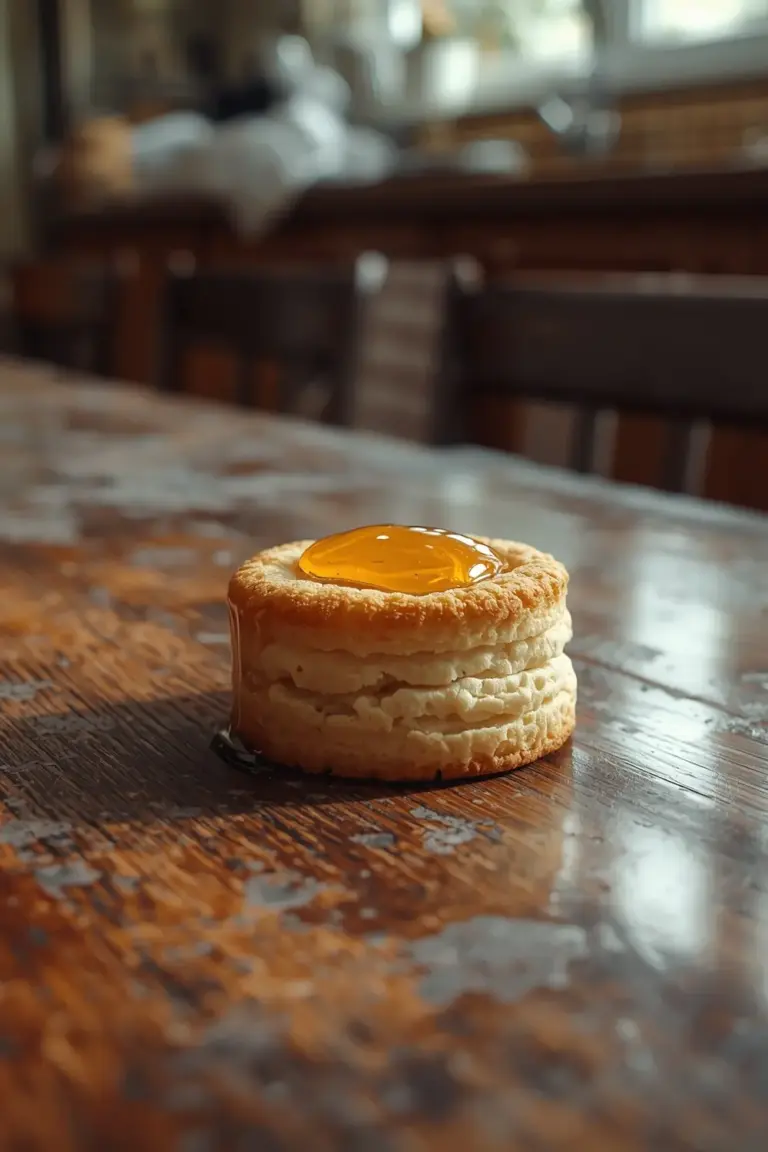 A close-up photo of a single honey glazed biscuit on a wooden table