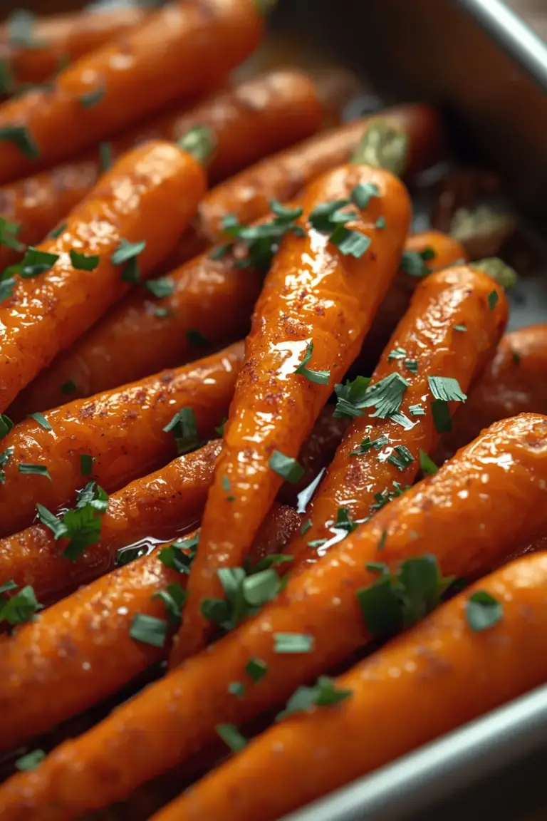 A photo of roasted carrots glazed with honey and garnished with parsley